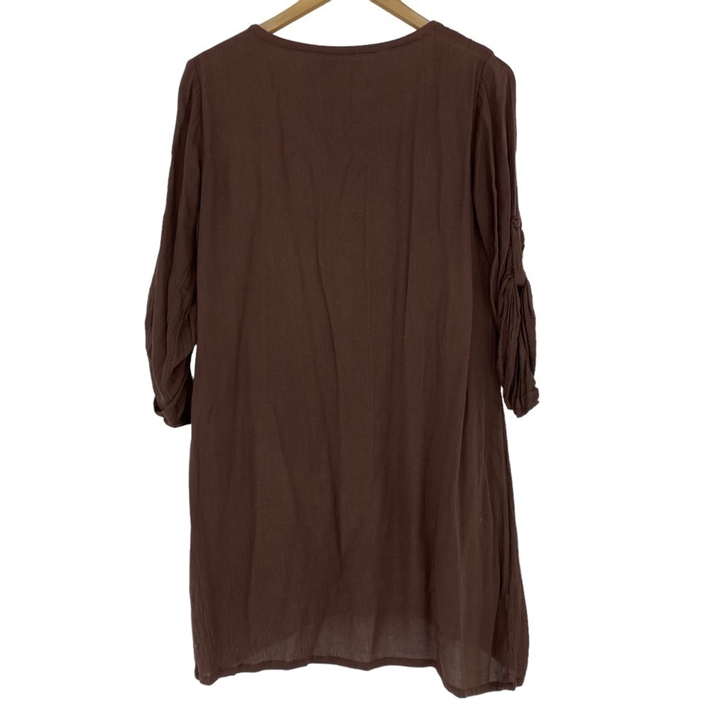Judith March Peasant Bohemian Tab Sleeve Brown Embroidered Floral Swing Dress, M - Picture 2 of 9